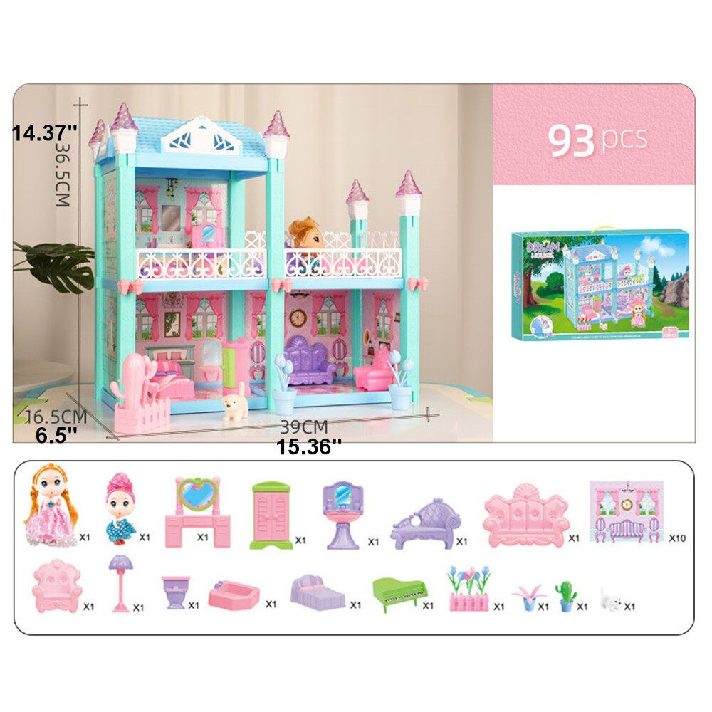 93Pcs DIY LED Light Music Princess House Miniature Dollhouse Furniture Kit Kids Toys Gift