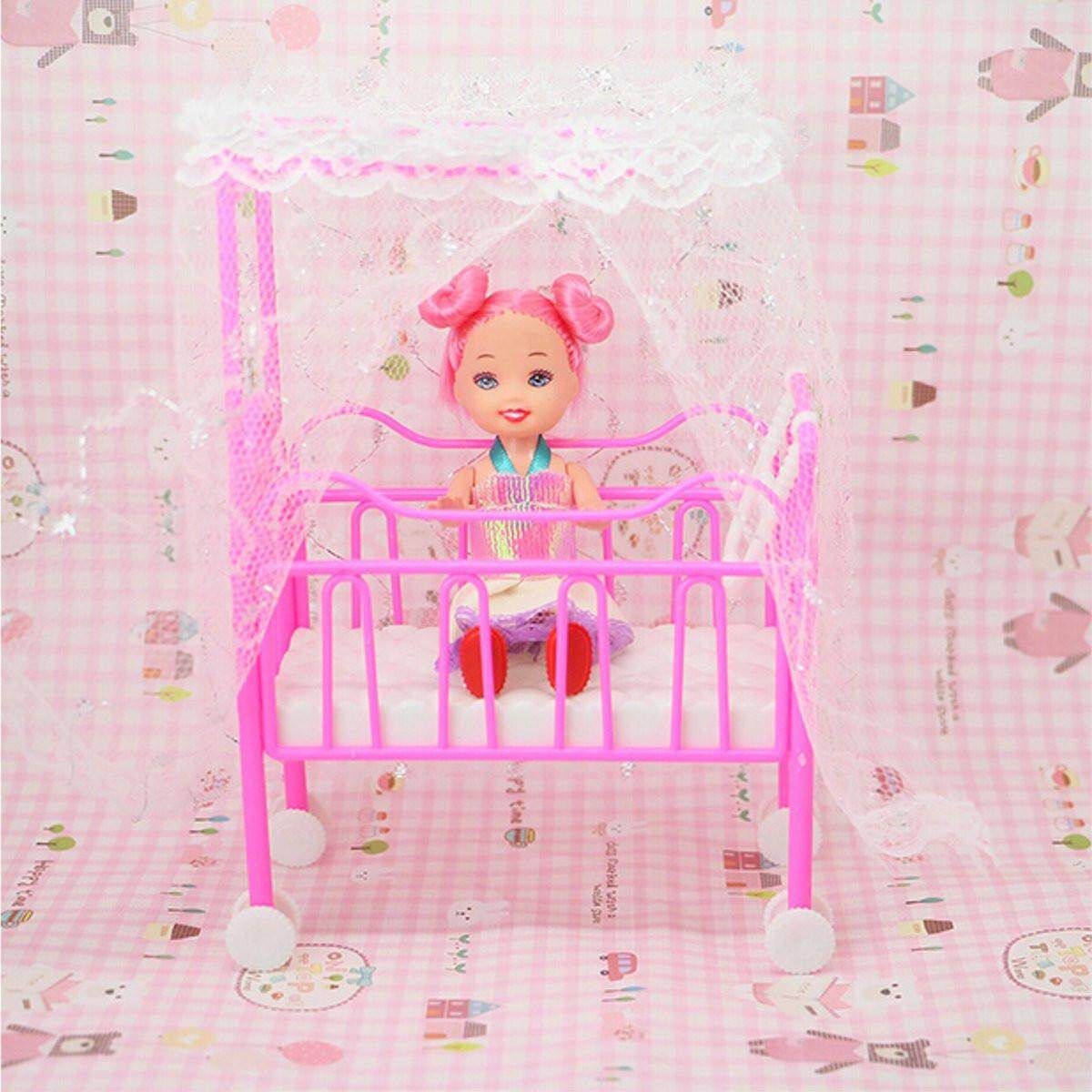 Plastic Baby Bed Miniature Dollhouse Toy Bedroom Furniture For Barbie Dolls