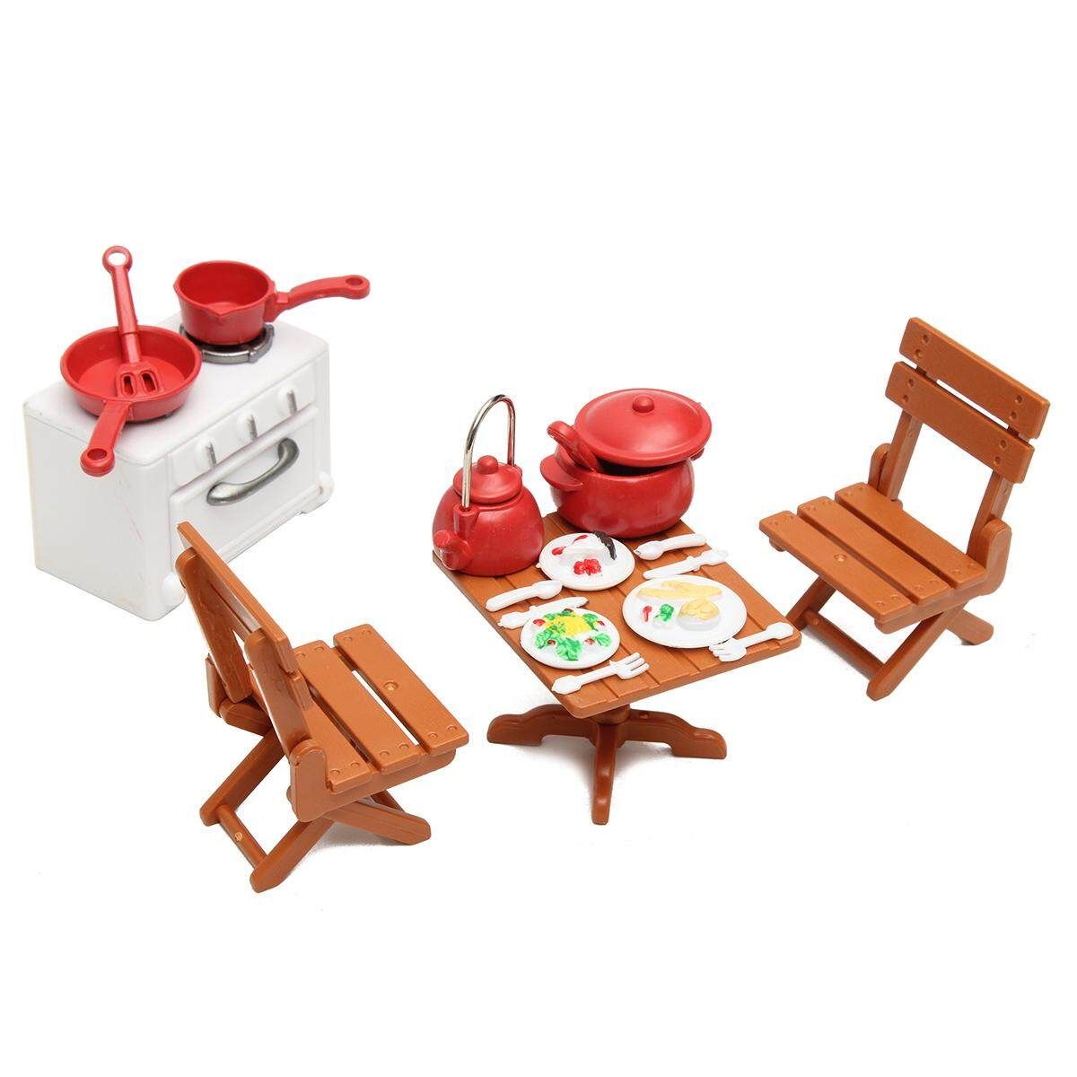 Dining Table With 4 Chairs Set Miniature DollHouse Furniture Kids Kitchen Toy