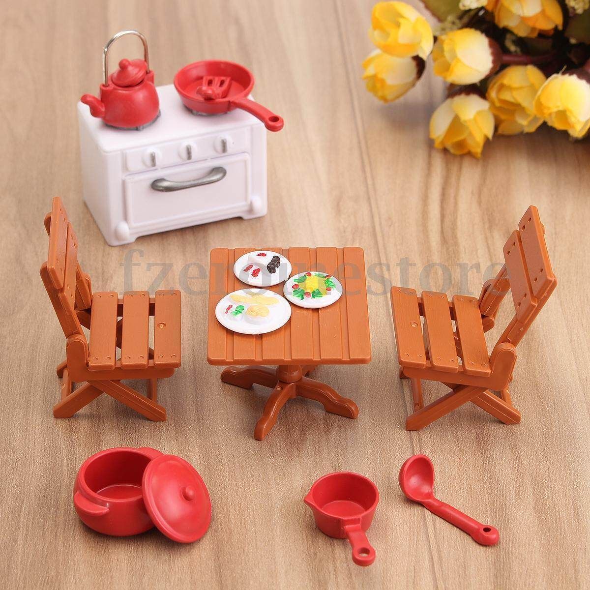 Dining Table With 4 Chairs Set Miniature DollHouse Furniture Kids Kitchen Toy