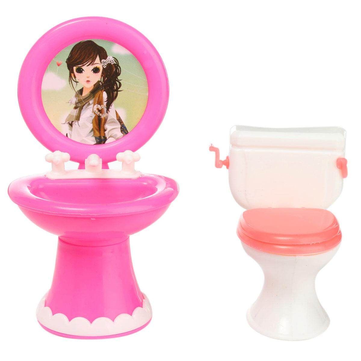 Bathroom Furniture Plastic Toilet Sink Mirror Set For Barbie Doll Dollhouse