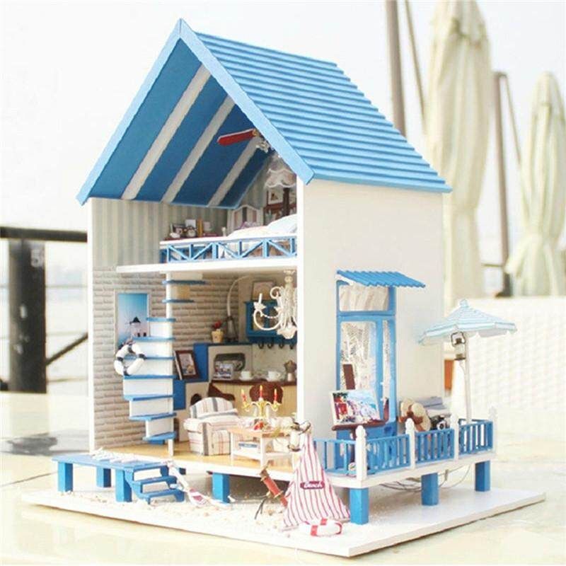 Wooden Kids Doll House With Furniture Staircase LED Lights Fits Barbie Dollhouse