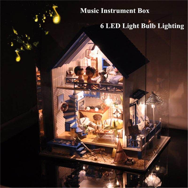 Wooden Kids Doll House With Furniture Staircase LED Lights Fits Barbie Dollhouse