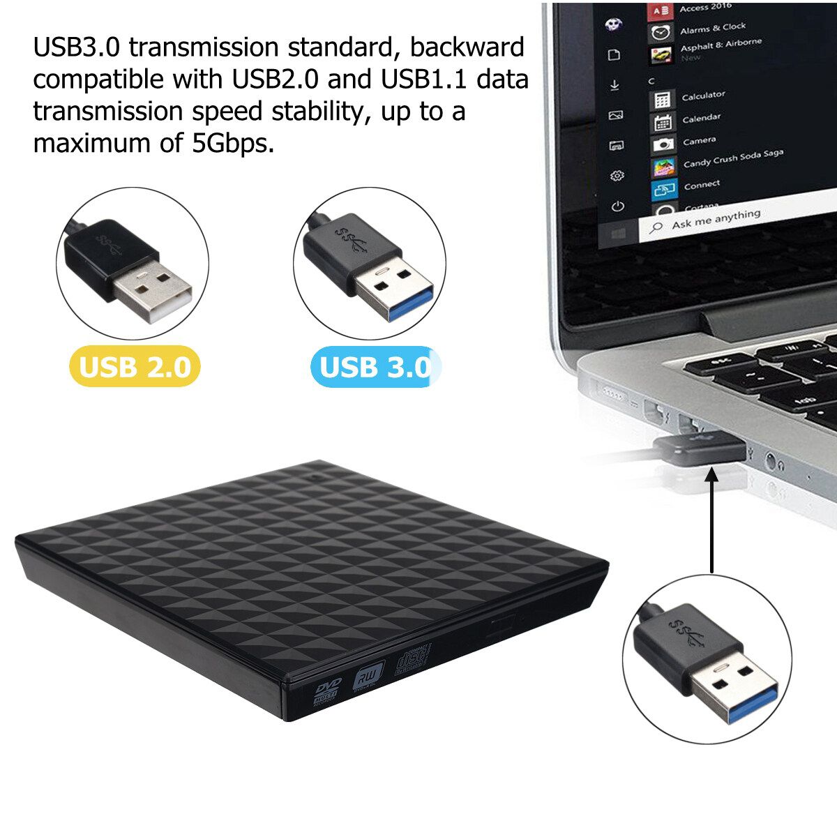 USB 3.0 High Speed Black External Combo Optical Drive CD/DVD Player CD/DVD RW ROM Drive For Laptop PC Computer