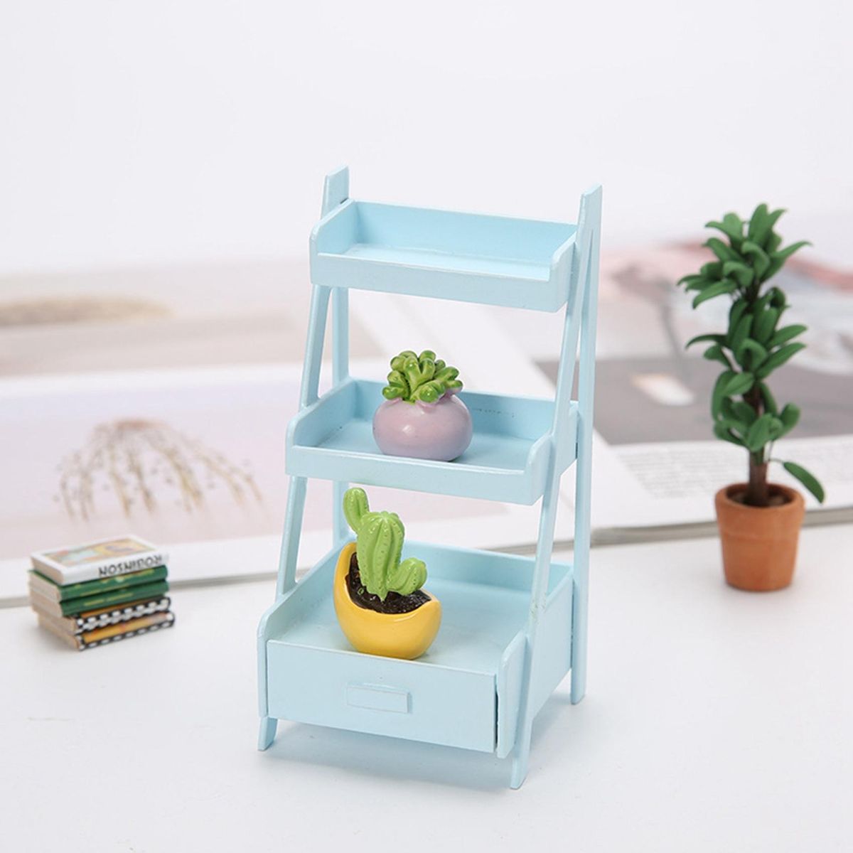 1/12 Miniature Mini Wood Shelf Flower Stand White