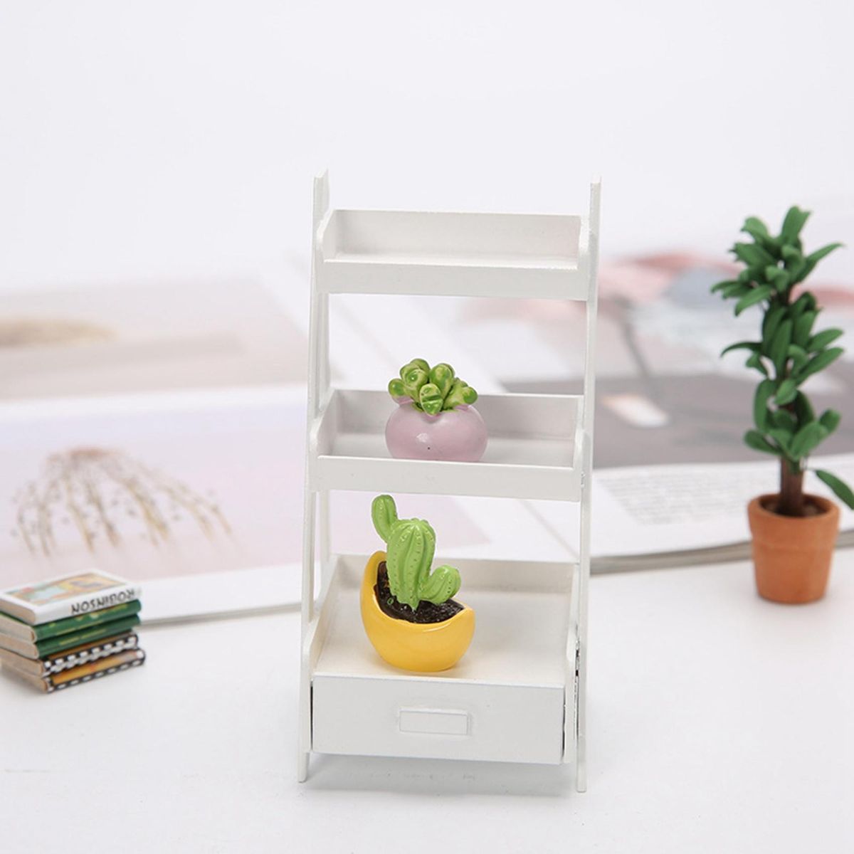 1/12 Miniature Mini Wood Shelf Flower Stand White