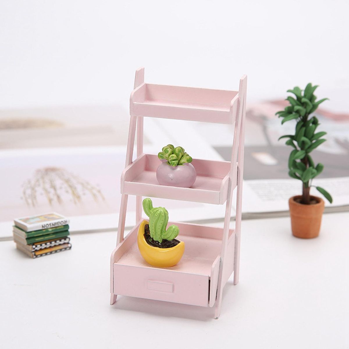 1/12 Miniature Mini Wood Shelf Flower Stand White