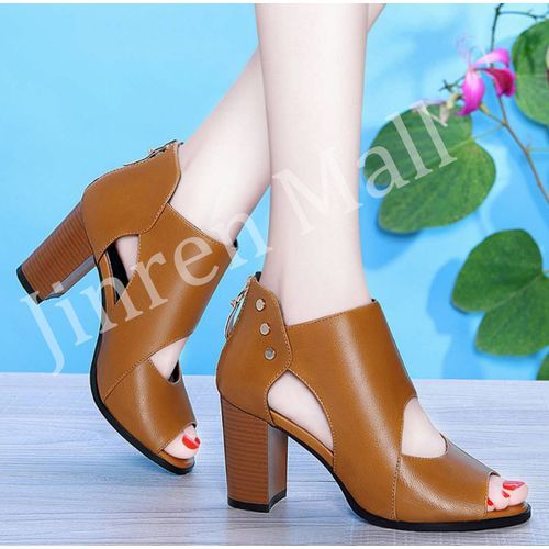 Ladies Fashion Thick Heel Hollow Sandals-Brown