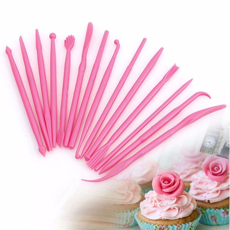 14Pcs Fondant Cake Decorating Carve Pen Flower-Pink