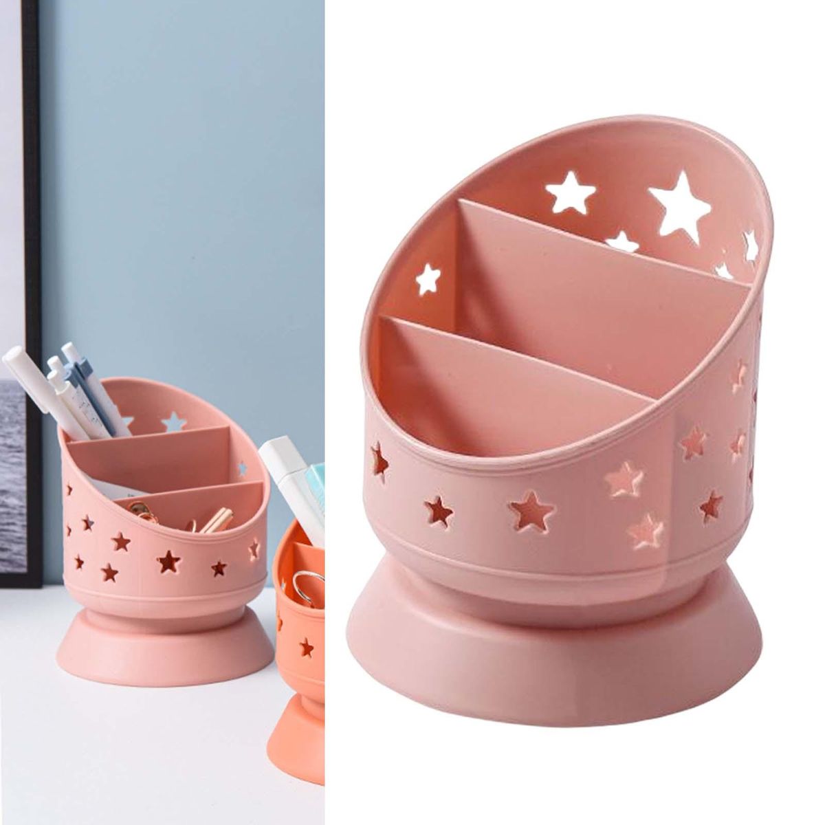 Pen Holder Makeup Brush Bucket 3 Slots Cosmetics Storage Box For Pink