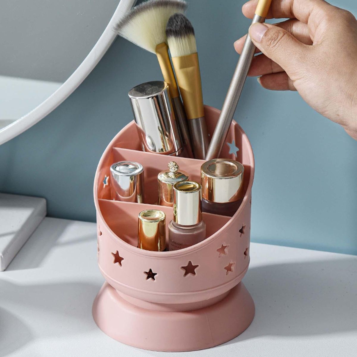 Pen Holder Makeup Brush Bucket 3 Slots Cosmetics Storage Box For Pink