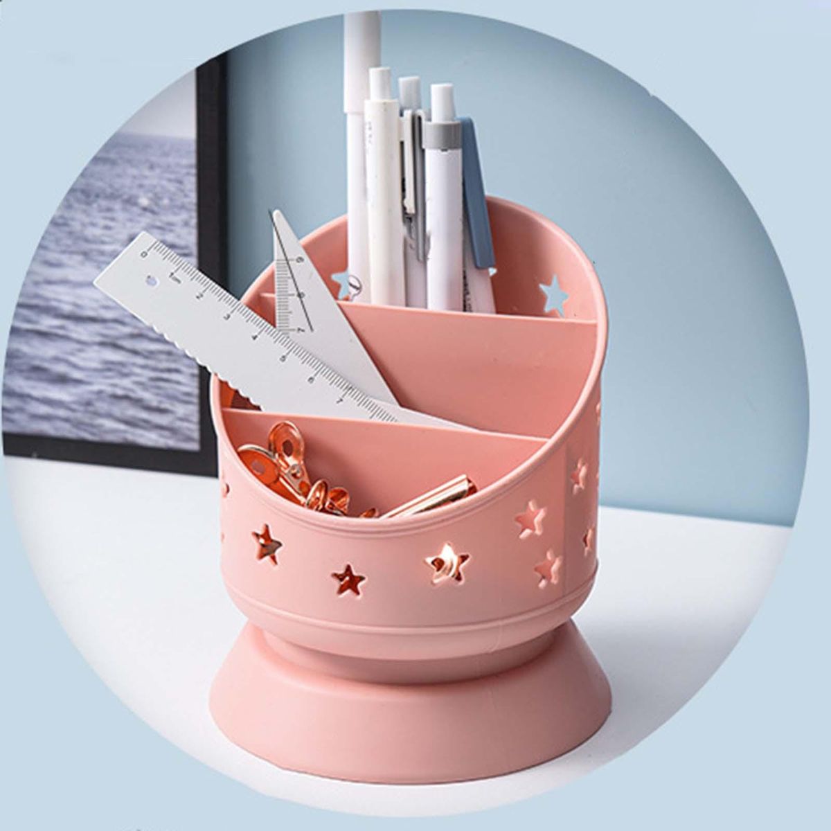 Pen Holder Makeup Brush Bucket 3 Slots Cosmetics Storage Box For Pink