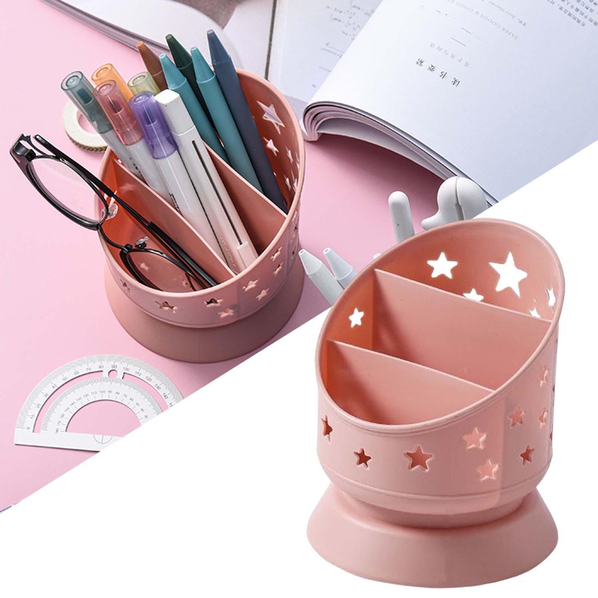 Pen Holder Makeup Brush Bucket 3 Slots Cosmetics Storage Box For Pink