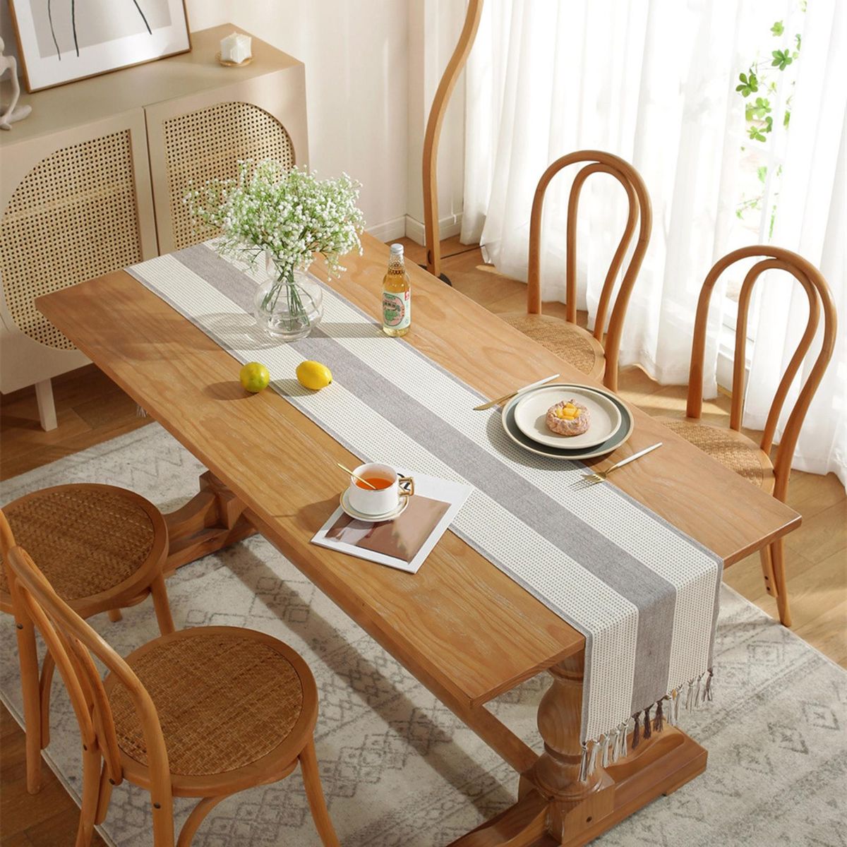 Table Cloth Tea Table TV Cabinet Tassel Table Runner Cloth Light Grey