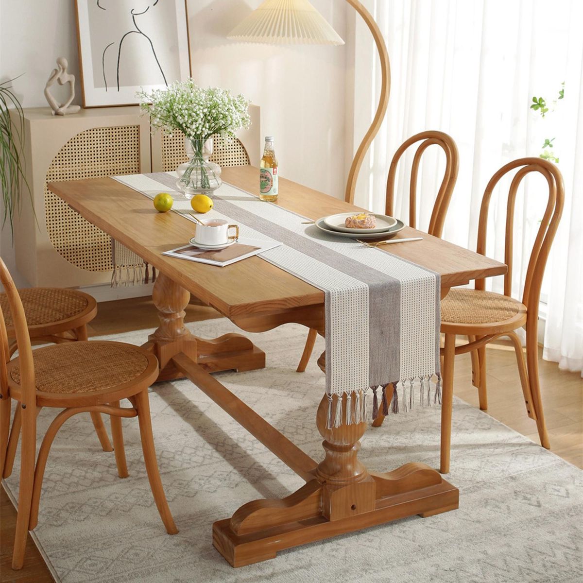 Table Cloth Tea Table TV Cabinet Tassel Table Runner Cloth Light Grey