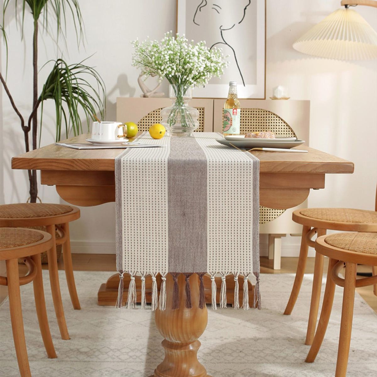 Table Cloth Tea Table TV Cabinet Tassel Table Runner Cloth Light Grey