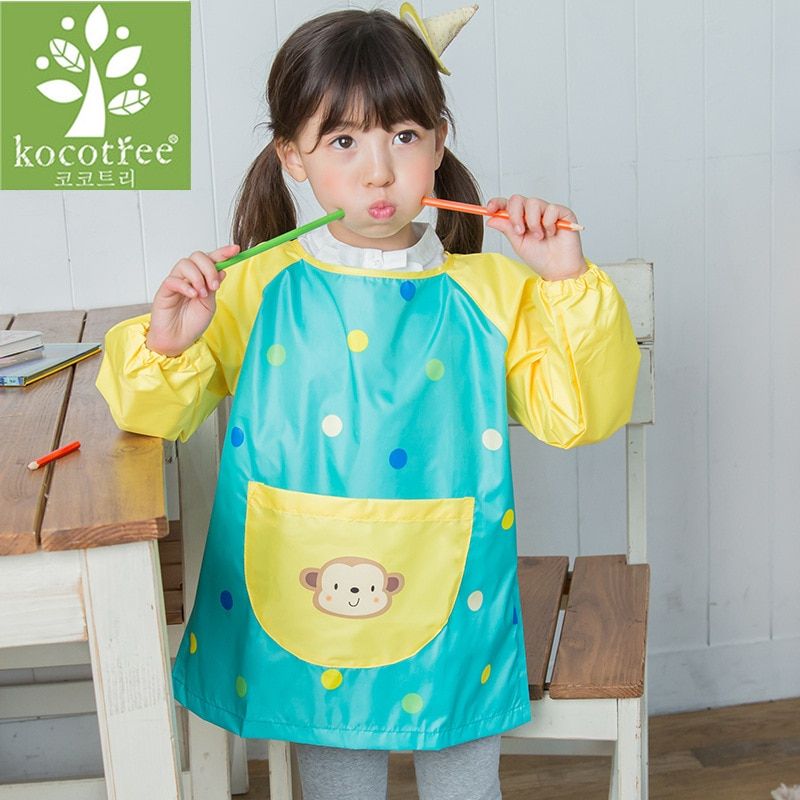 0-12 Years Old Kids Boys Girls Waterproof Painting Children Apron Art Craft Long Sleeve Aprons Cartoon Baby Feeding Smock Bib Yellow Monkey Height 60-90 Cm