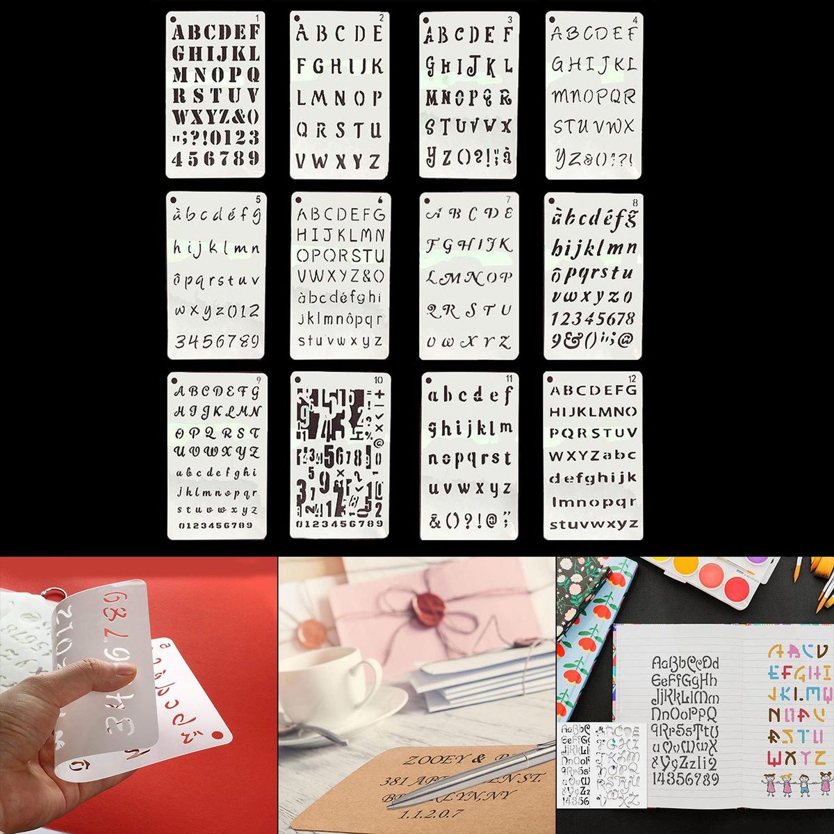 12pcs 5 X 8 Inch Letter And Number Stencils For Journal Notebook 5" X