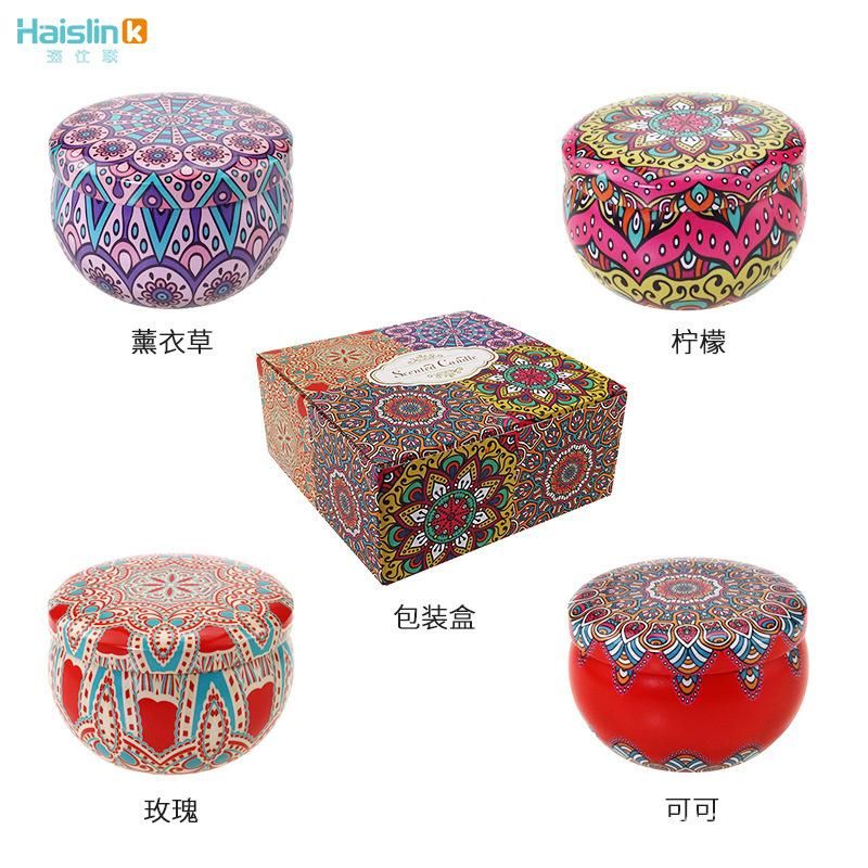 Spot wholesale scented candle set with hand gift box soy wax extraction fragrance iron box canned birthday candle folk style four piece set