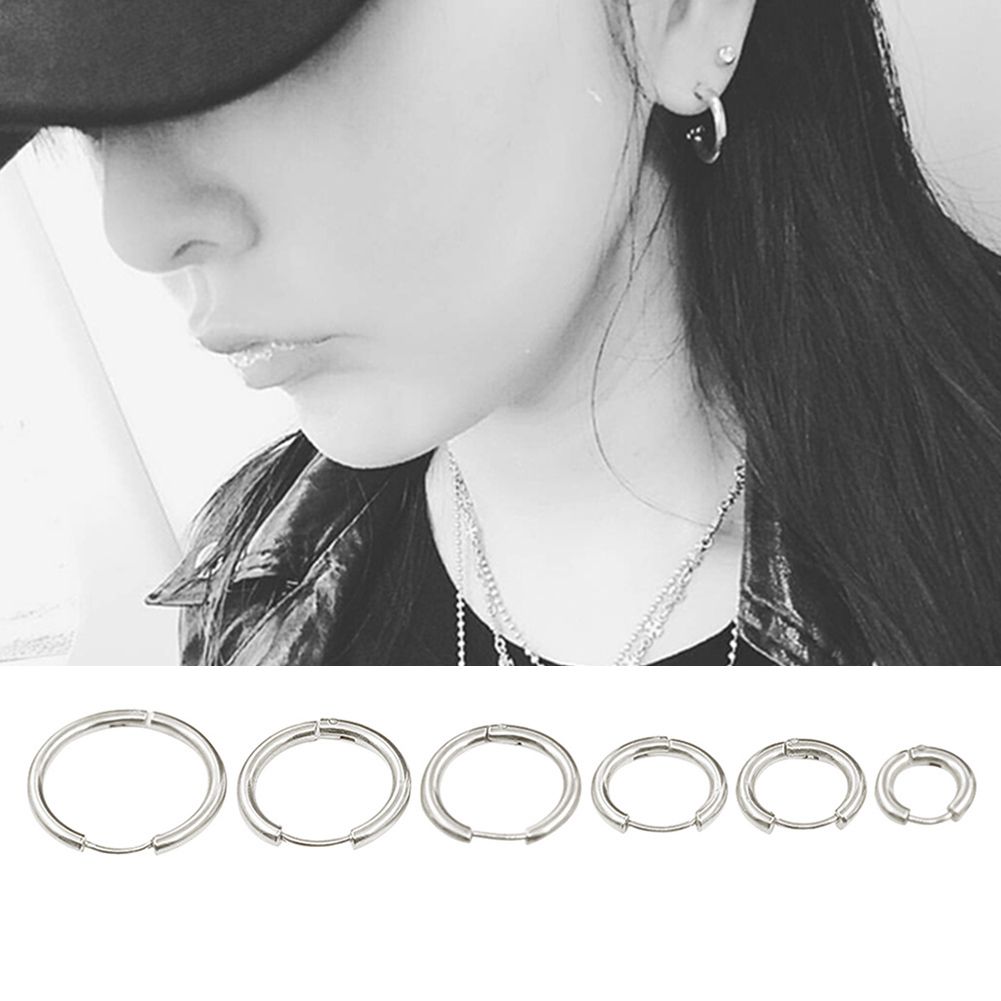1 Pair Stainless Steel Fashion Punk Unisex Ear Hoop Circle Earrings Jewelry Gift-Silver