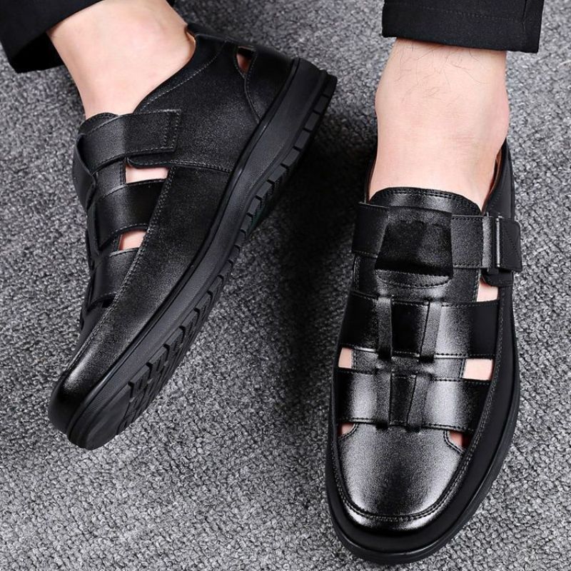 Men's Palm Sandals Leather Shoes Comfortable Soft Sole Casual Black