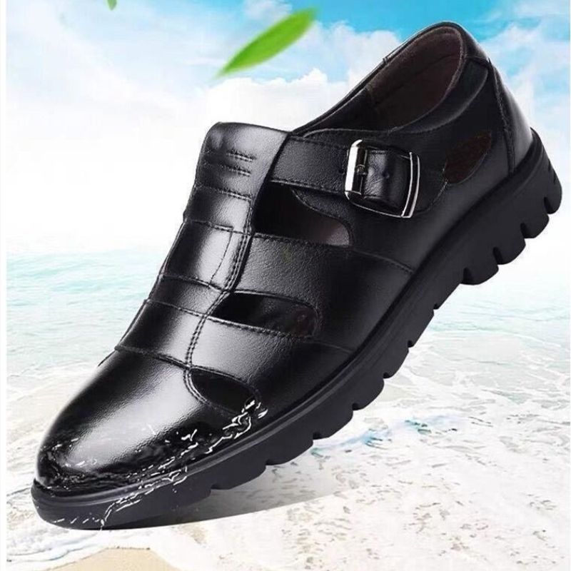 Men's Palm Sandals Leather Shoes Comfortable Soft Sole Casual Black