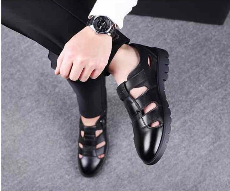 Men's Palm Sandals Leather Shoes Comfortable Soft Sole Casual Black