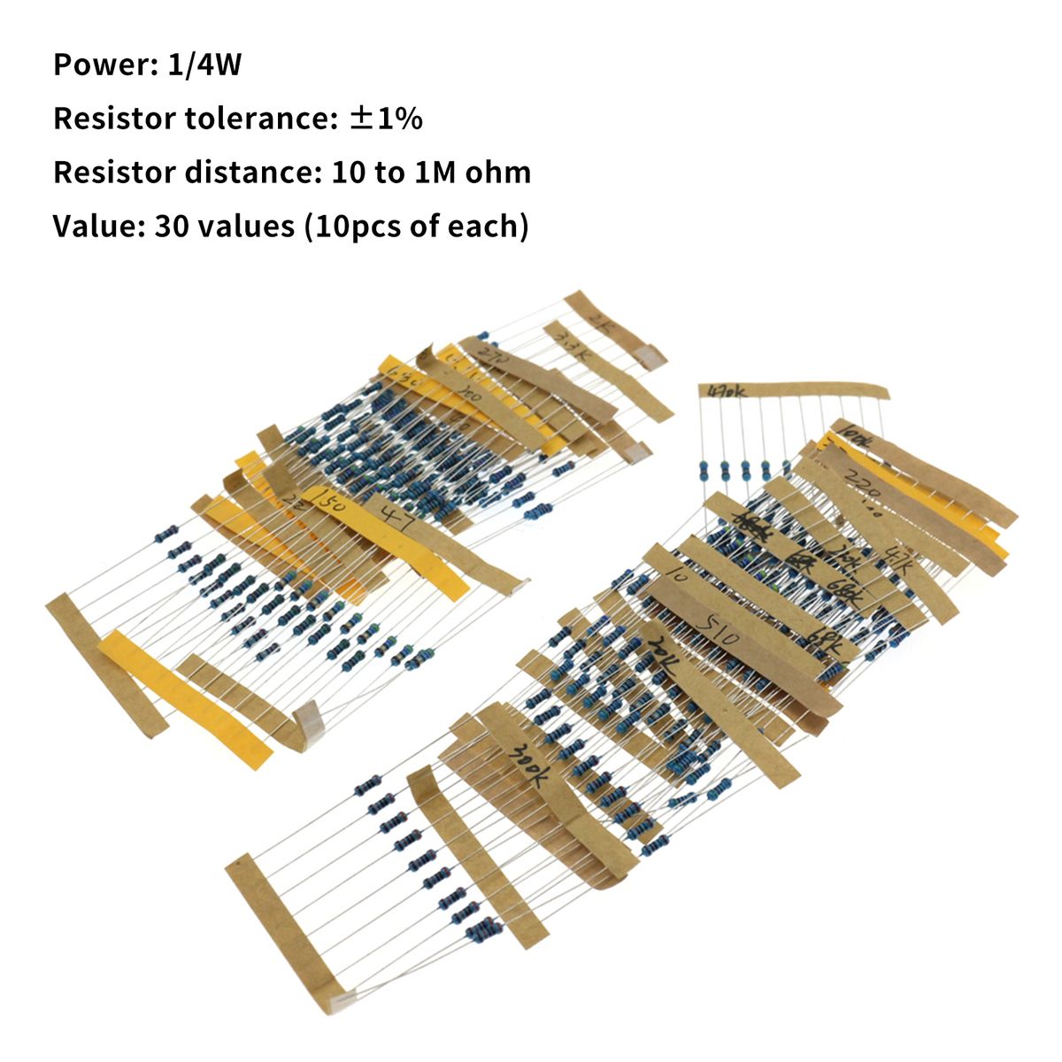 300PCS 1/4W 1% Carbon Film Resistors Kit 10 To 1M Ohm 30