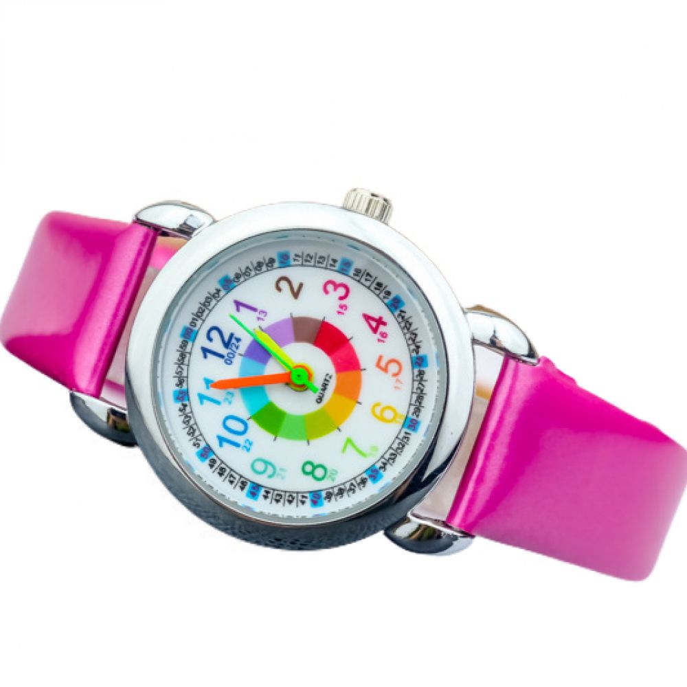 Digital watches for children boys and girls. Children's belt watch color word color circle quartz watch. Easy to read and easy to learn time (rose Red)