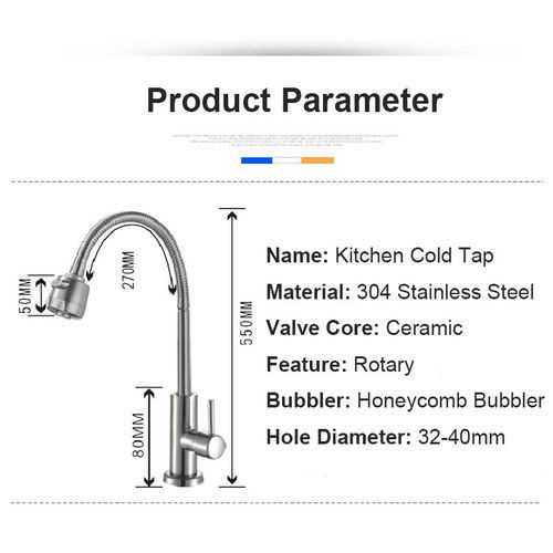Kitchen Faucet Flexible Wall Sink Tap 304 Stainless Steel