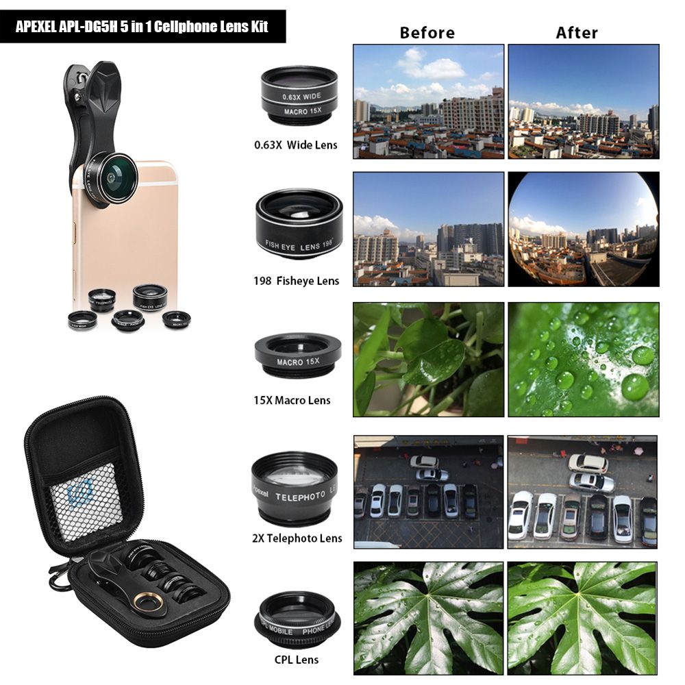 APL-DG5H 5 In 1 Cellphone Lens Kit 198° Fisheye Lens