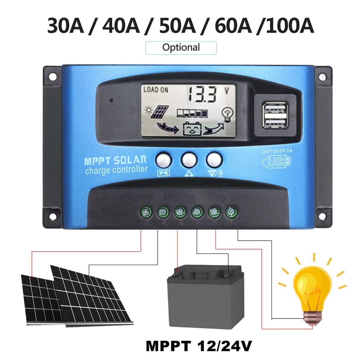 30A 40A 50A 60A 100A MPPT Solar Charge Controller Dual USB LCD Display Auto Solar Cell Panel Charger Regulator High Efficiency
