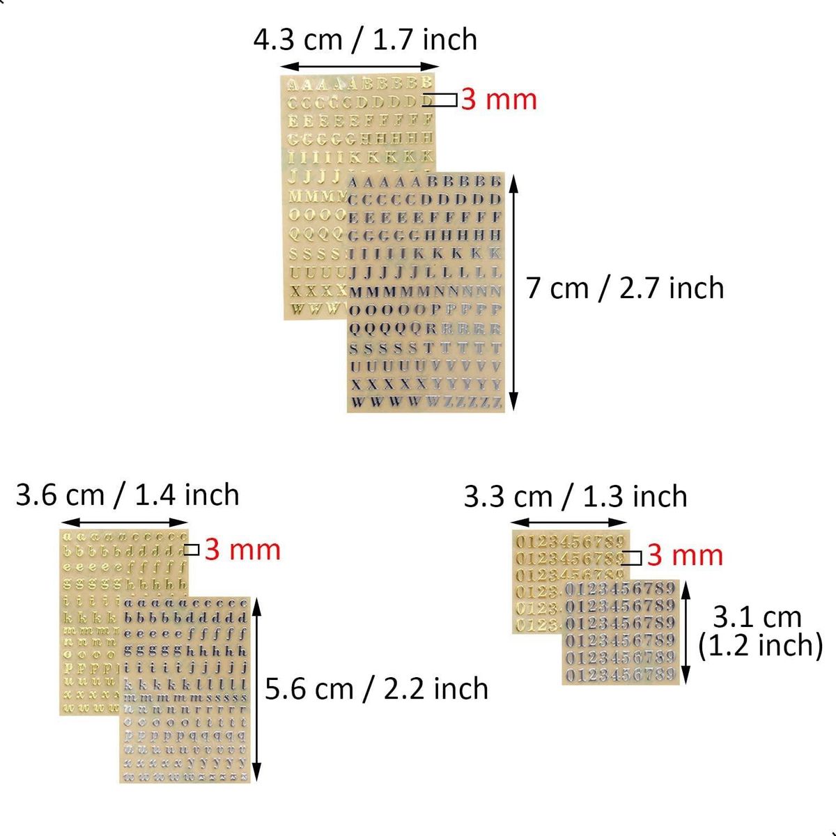 6 Sheets Small 0.12 Inch Alphabet Number Stickers Glitter