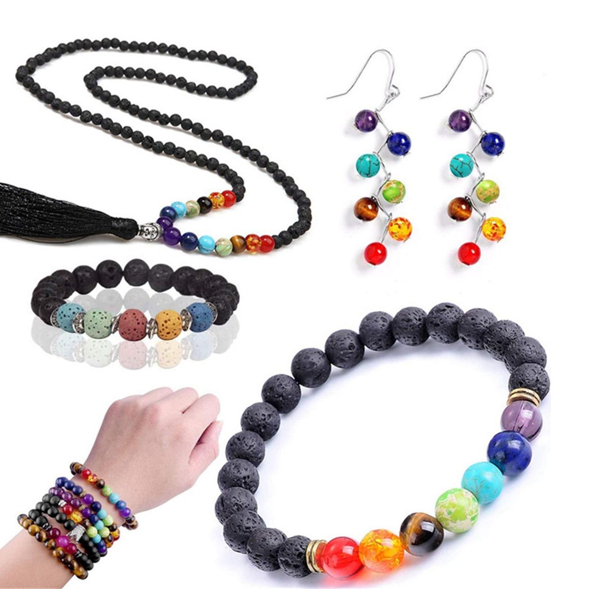 Rock Stone Jewelry Making Kit With 15 Grid Natural Volcanic Stone Beads Elastic String Storage Bag DIY Bracelet Necklace Earring Jewelry Making Supplies Handcraft Tool