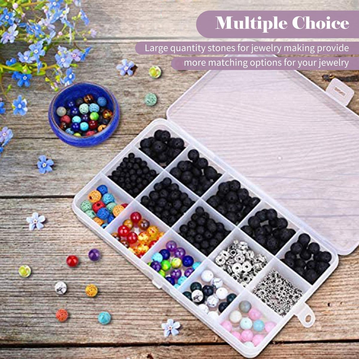 Rock Stone Jewelry Making Kit With 15 Grid Natural Volcanic Stone Beads Elastic String Storage Bag DIY Bracelet Necklace Earring Jewelry Making Supplies Handcraft Tool