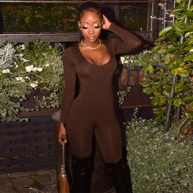 New tight long sleeve high -waist solid color sports fitness jumpsuit