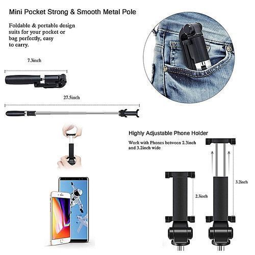 Portable Selfie Stick With Built-in Tripod Stand Bluetooth Remote Shutter Selfie Stick Tripod