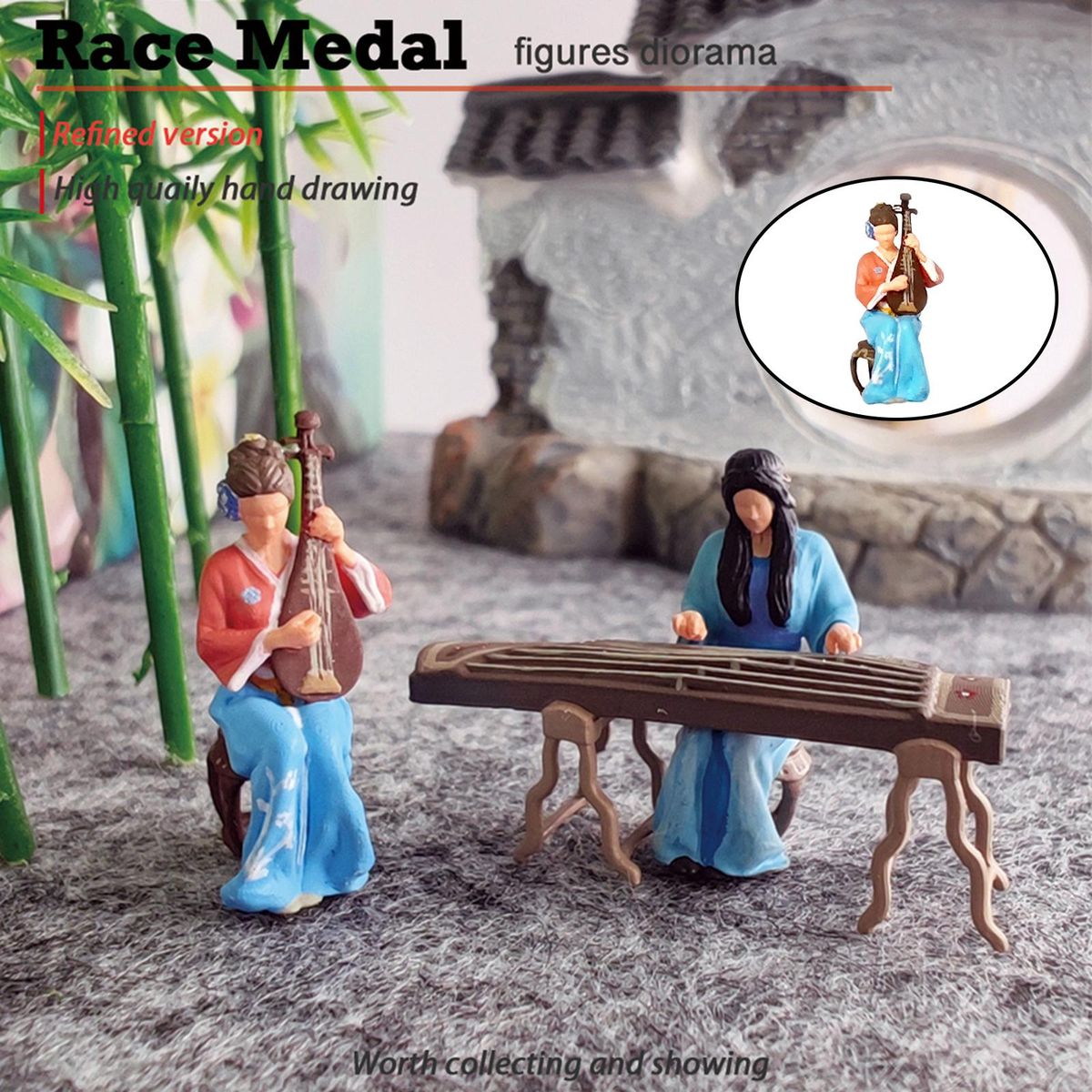 Resin 1/64 Chinese Instrument Players Figures Ornaments Pipa Pink Blue