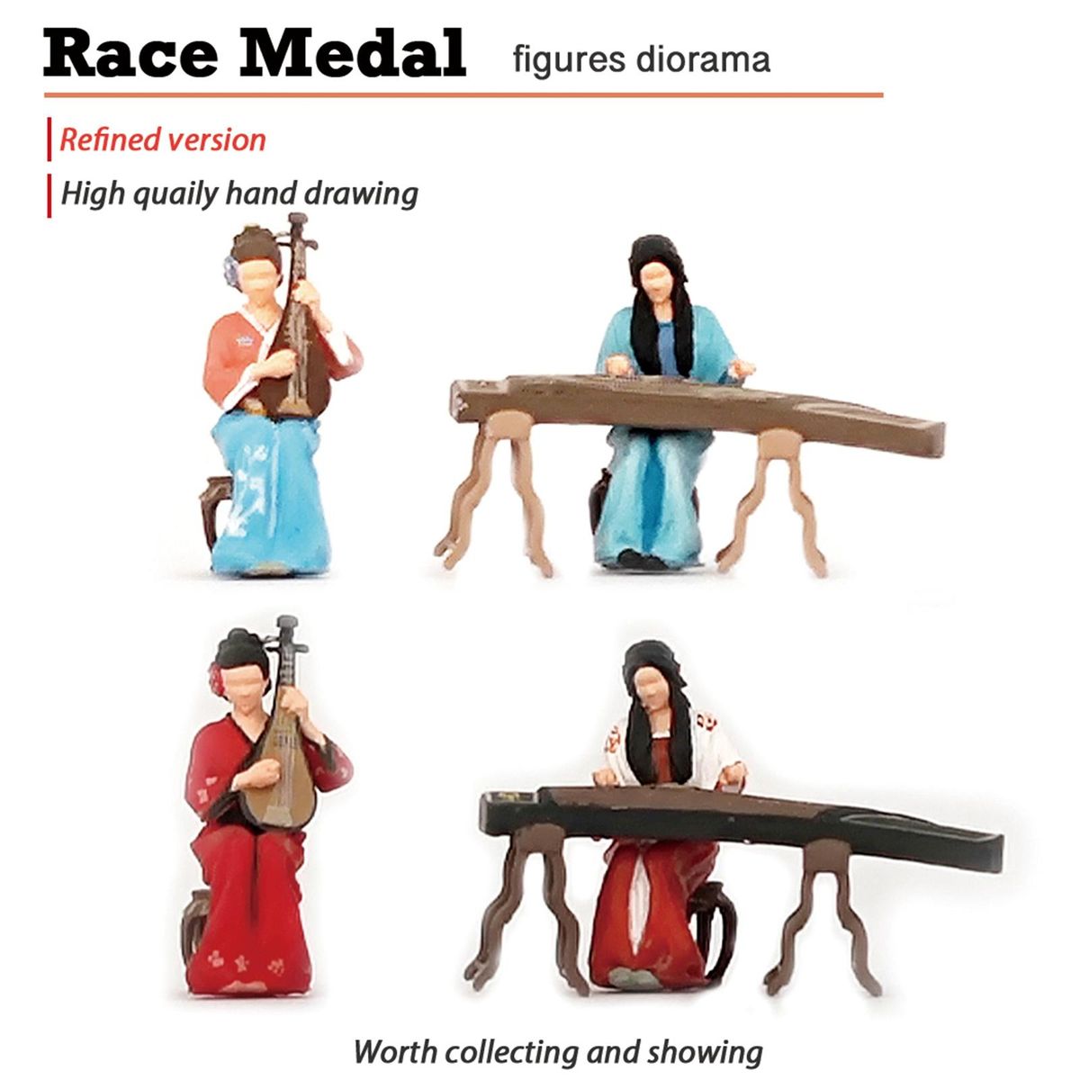 Resin 1/64 Chinese Instrument Players Figures Ornaments Pipa Pink Blue