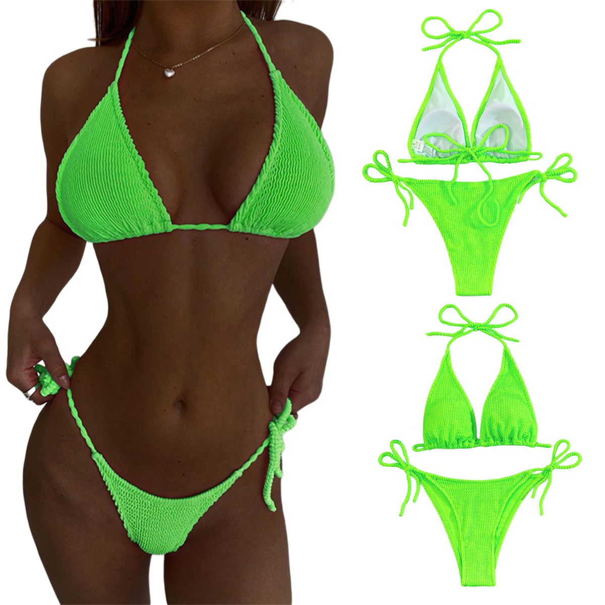 2 Pieces Female Swimwear Set Solid Color Halter Neck Strappy Bikini Bikini Set