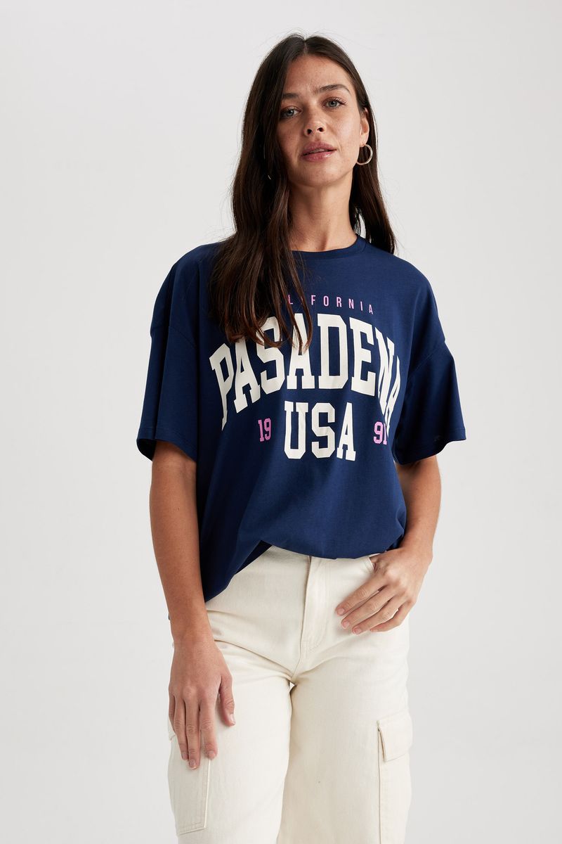 Woman Young Oversize Fit Crew Neck Knitted Short Sleeve T-Shirt - Navy