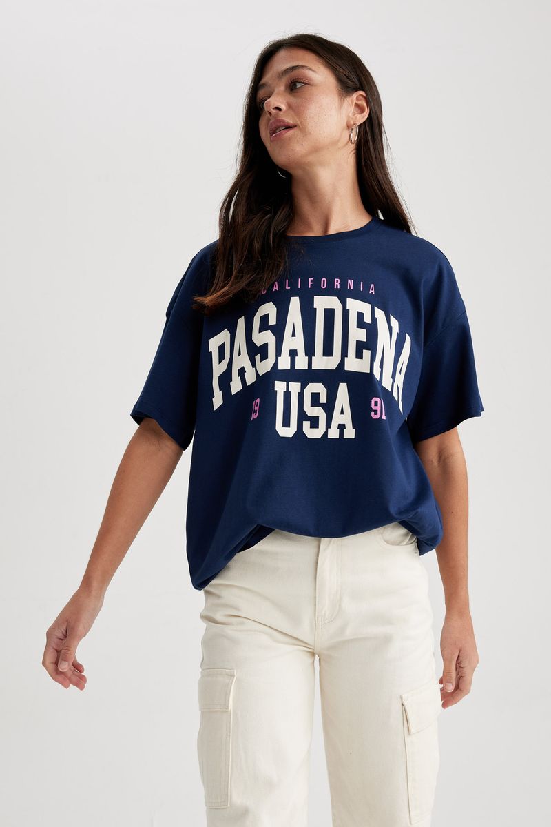 Woman Young Oversize Fit Crew Neck Knitted Short Sleeve T-Shirt - Navy