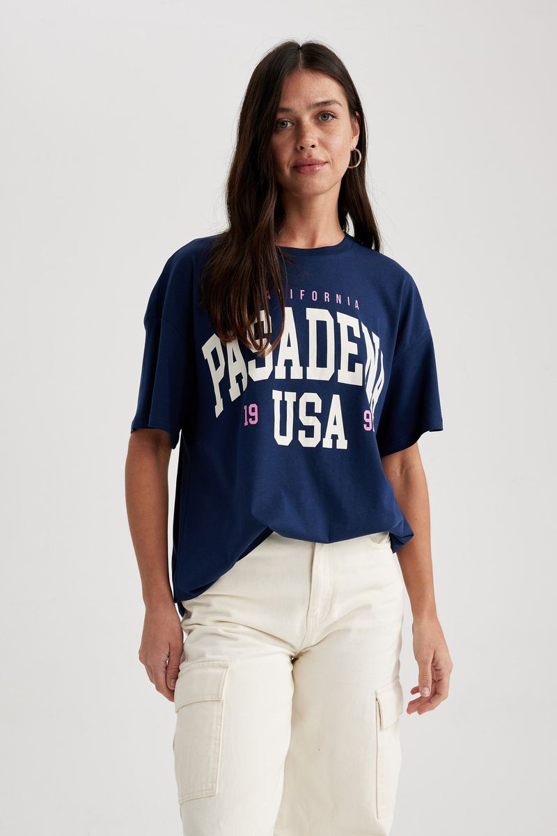 Woman Young Oversize Fit Crew Neck Knitted Short Sleeve T-Shirt - Navy