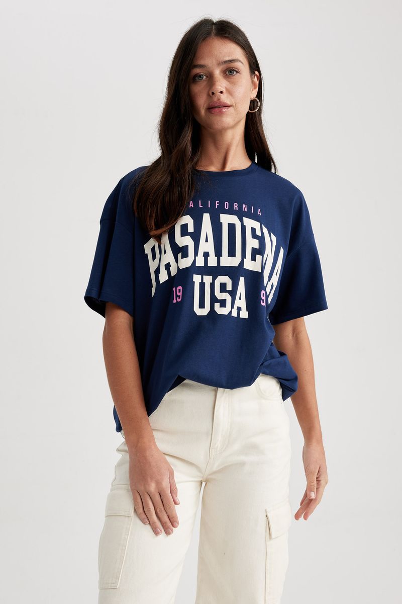 Woman Young Oversize Fit Crew Neck Knitted Short Sleeve T-Shirt - Navy