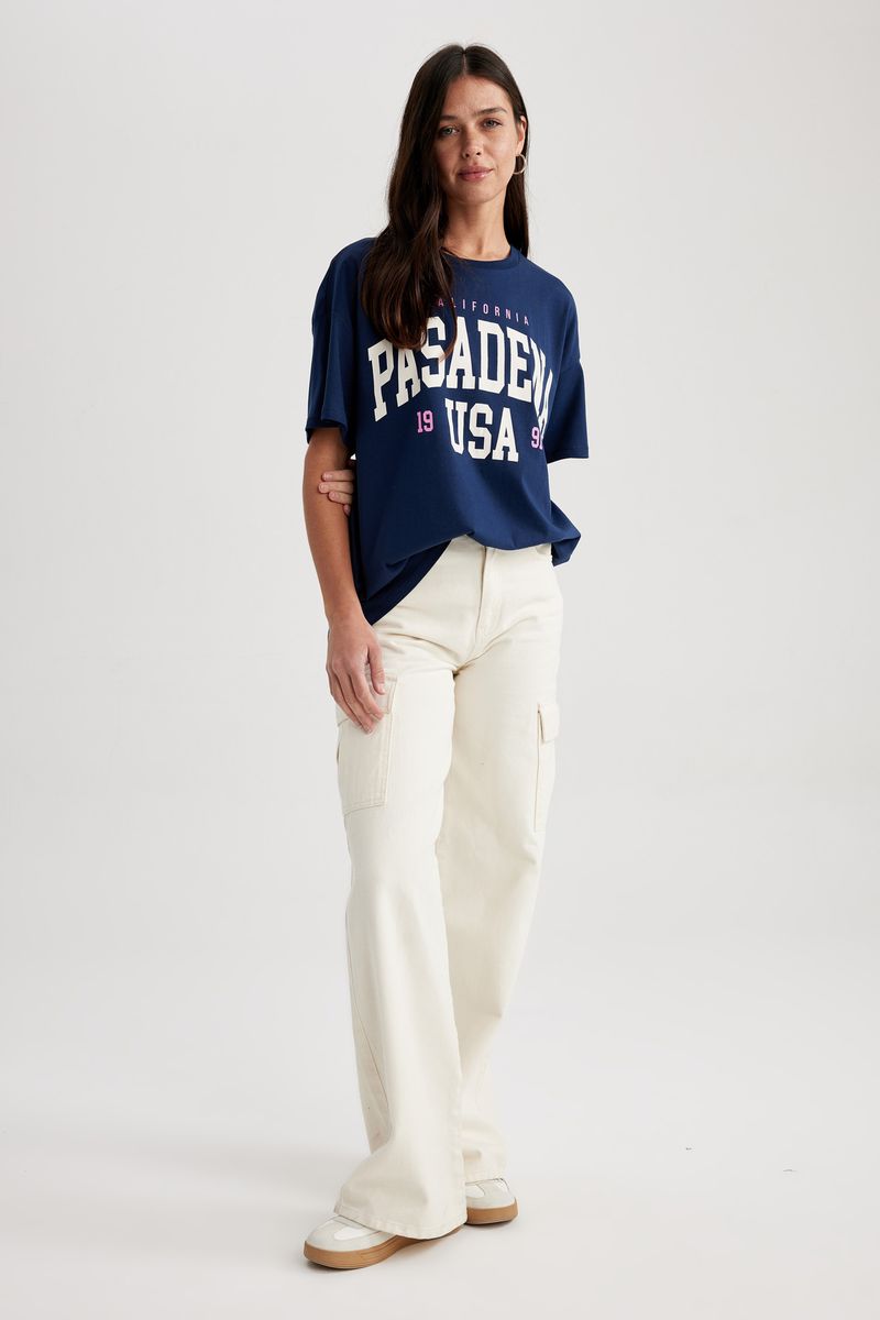 Woman Young Oversize Fit Crew Neck Knitted Short Sleeve T-Shirt - Navy