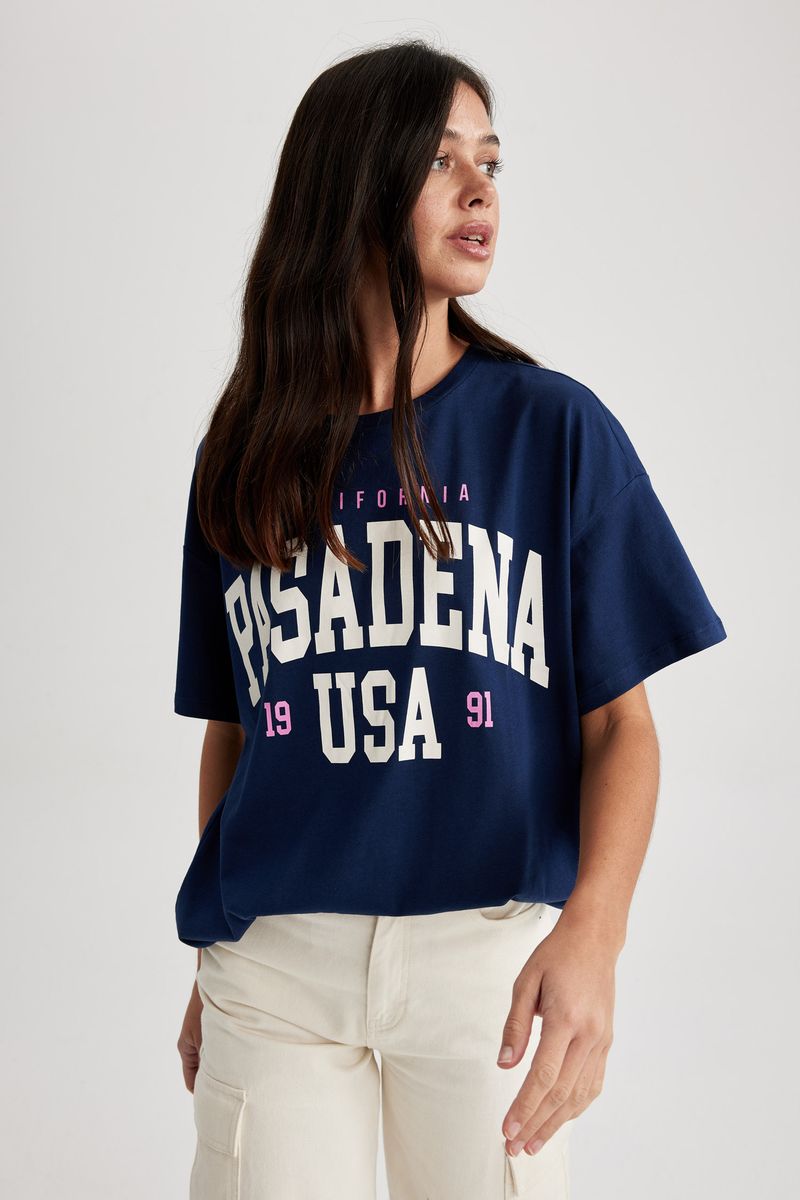 Woman Young Oversize Fit Crew Neck Knitted Short Sleeve T-Shirt - Navy