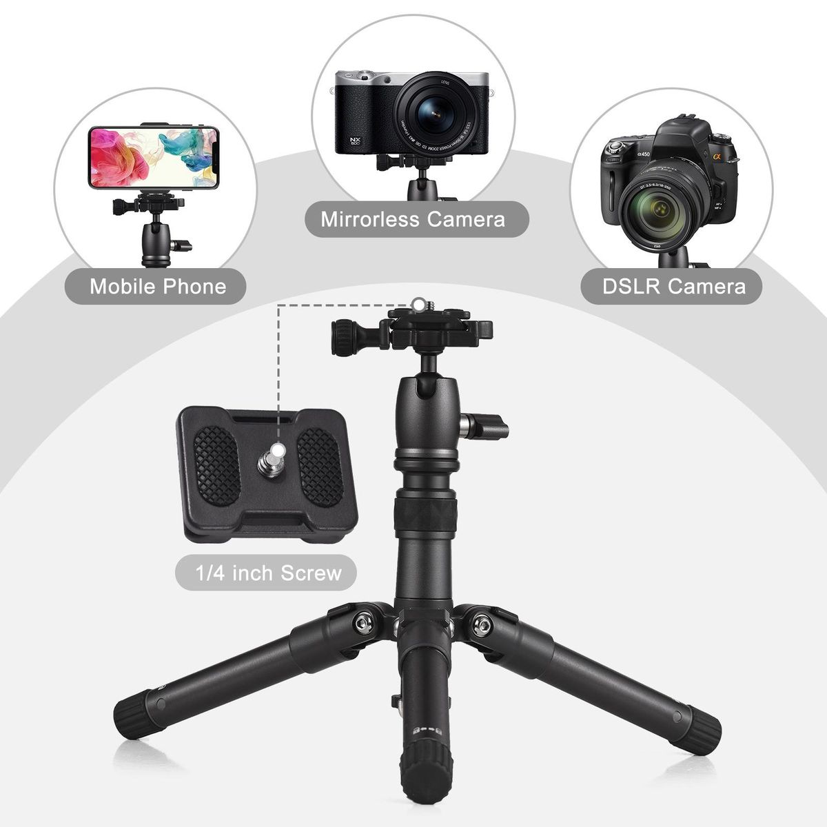 Portable Desktop Tripod Stand Aluminum Alloy 66cm/26in Max. Height 5kg Load Capacity with 360° Rotatable Ballhead 1/4 inch Screw QR Plate Carrying Bag for DSLR Mirrorless Camera Smartphone
