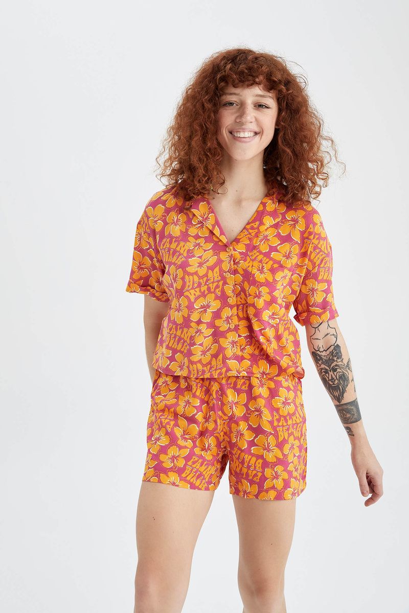Woman Relax Fit Short Sleeve Woven Shirt -Multi
