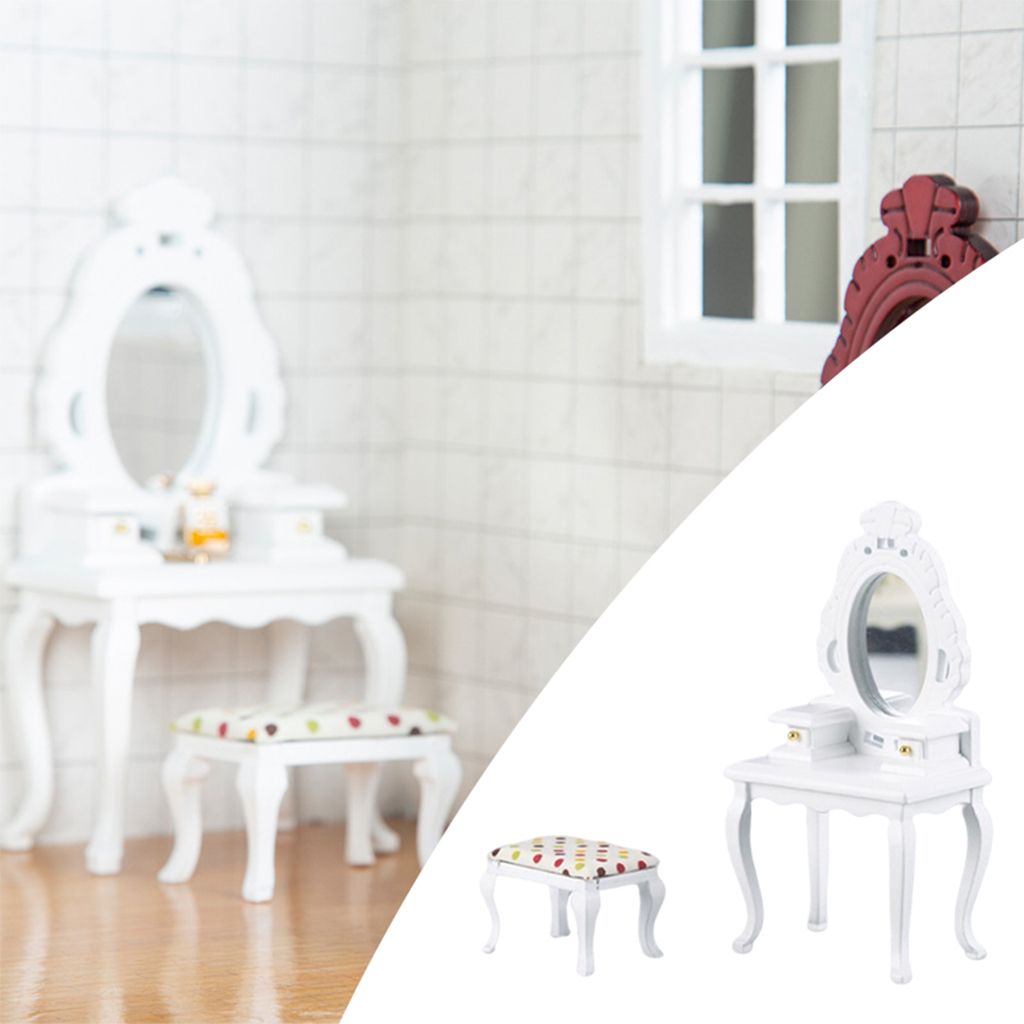 1:12 Mini Toy Dressing Mirror Table With Stool  White
