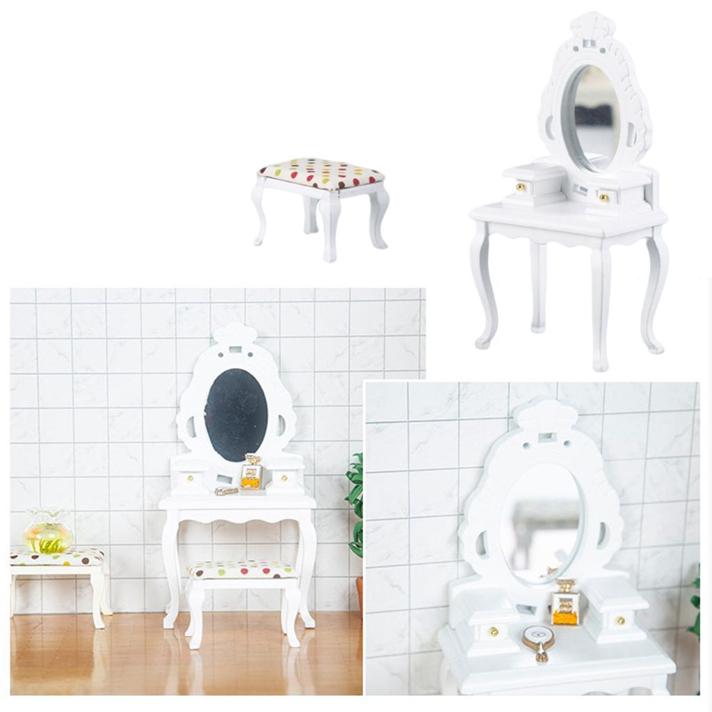 1:12 Mini Toy Dressing Mirror Table With Stool  White